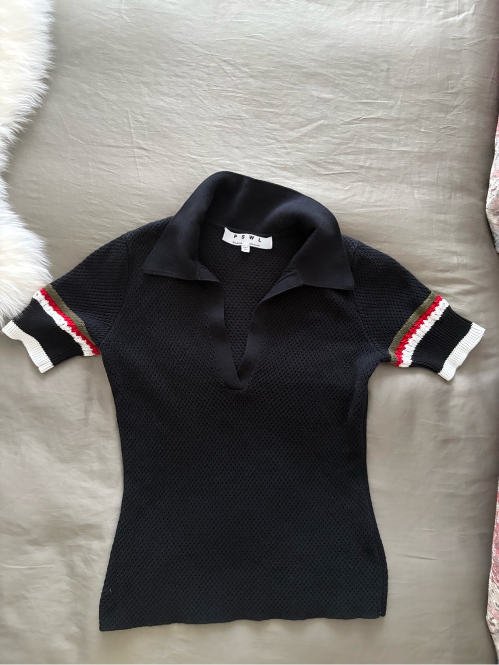 Proenza Schouler Black Short-Sleeve Knit Polo with Stripe Cuffs